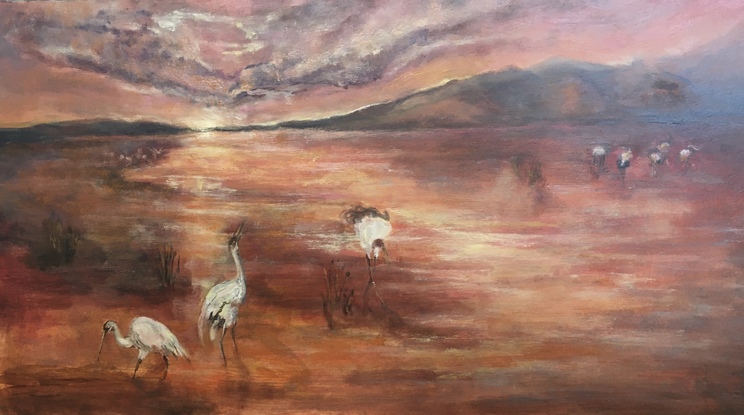 (CreativeWork) Cranes in Sunset by Tullia Williams. Oil. Shop online at Bluethumb.