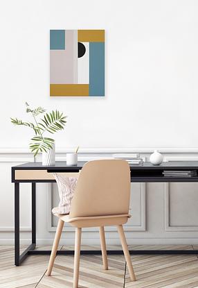 Geometric shapes, pastel colours. Teal, mustard, ochre, pink and black.