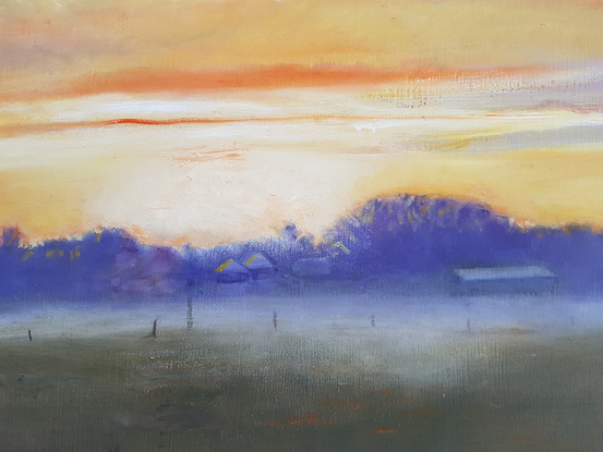 (CreativeWork) Sunrise on Foggy Morning by Lynne Gillard. Oil. Shop online at Bluethumb.