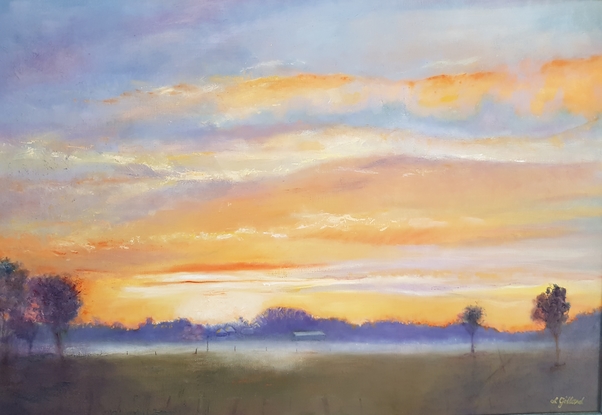 (CreativeWork) Sunrise on Foggy Morning by Lynne Gillard. Oil. Shop online at Bluethumb.