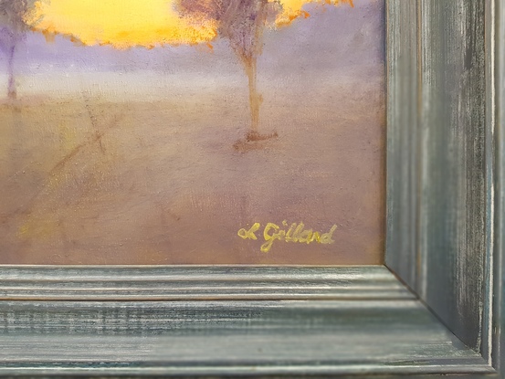 (CreativeWork) Sunrise on Foggy Morning by Lynne Gillard. Oil. Shop online at Bluethumb.