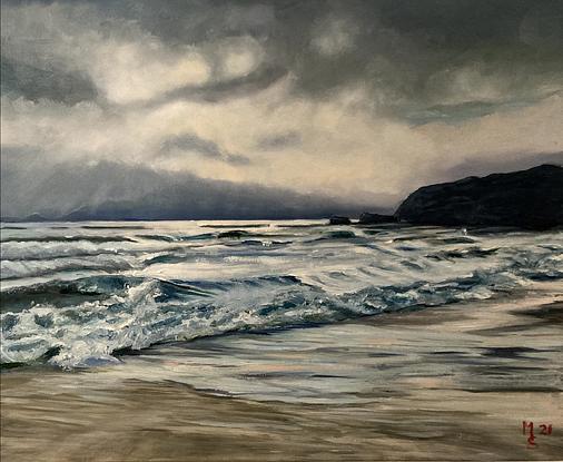 Stormy coastal surf and beach scene