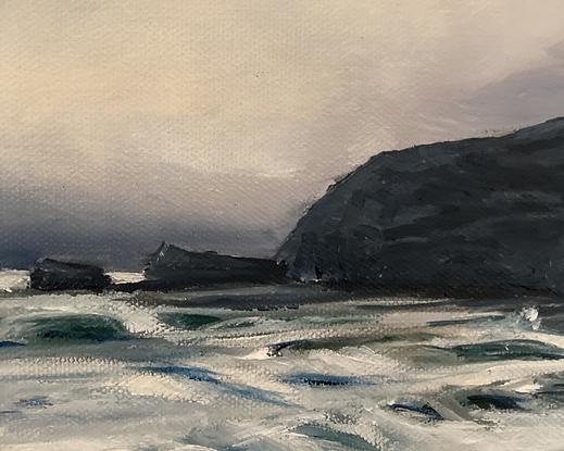 Stormy coastal surf and beach scene