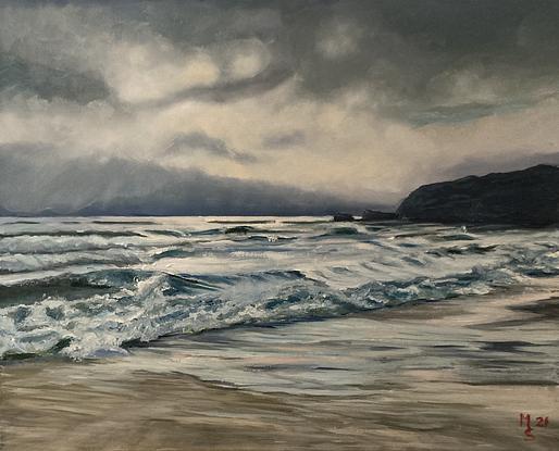 Stormy coastal surf and beach scene