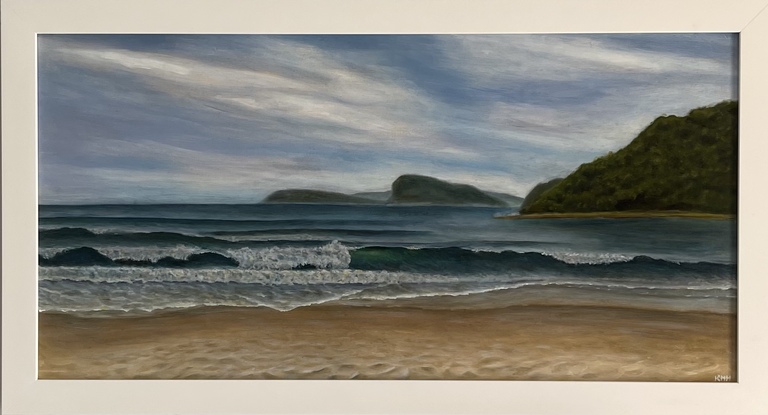 Painting from Umina Beach towards Palm Beach. Distant hills, waves breaking on Umina Beaches 