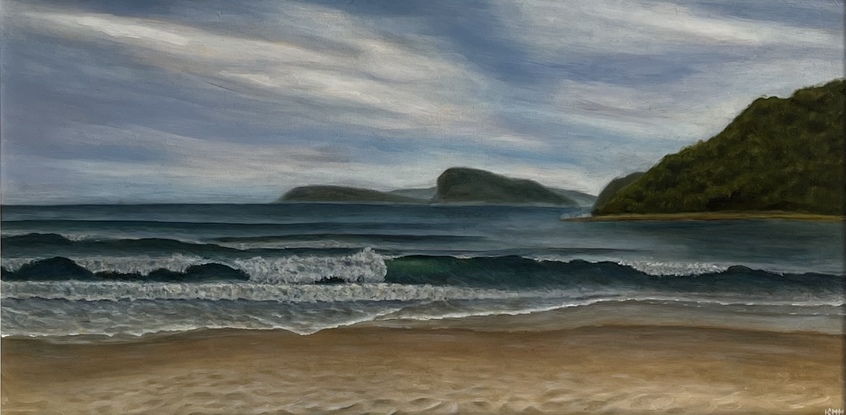 Painting from Umina Beach towards Palm Beach. Distant hills, waves breaking on Umina Beaches 