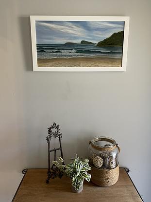 Painting from Umina Beach towards Palm Beach. Distant hills, waves breaking on Umina Beaches 