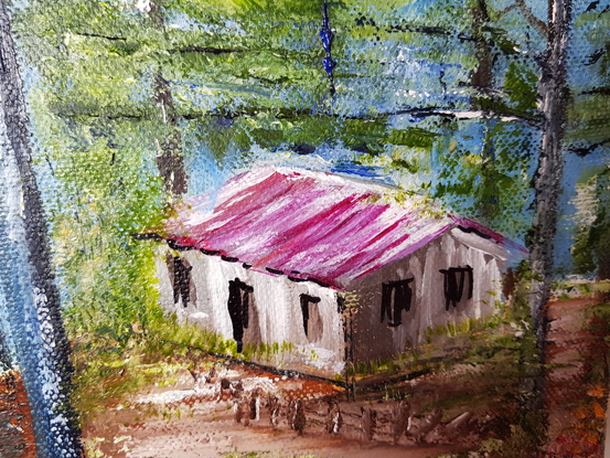 (CreativeWork) The old cabin by Carmen Iglesias. Oil. Shop online at Bluethumb.