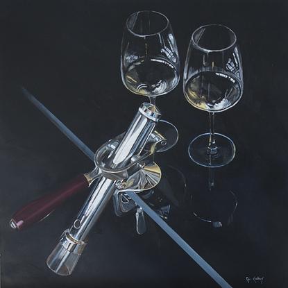 (CreativeWork) Reflections in a Wine Bar by Rob Kennedy. Oil. Shop online at Bluethumb.