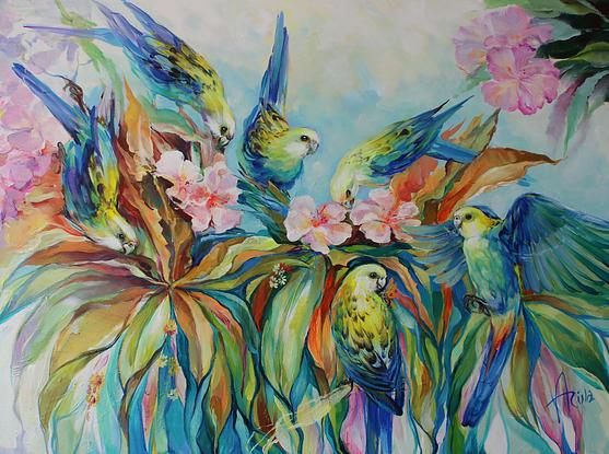 (CreativeWork) Parrot's breakfast. Good morning by Irina Moskvina. Acrylic. Shop online at Bluethumb.