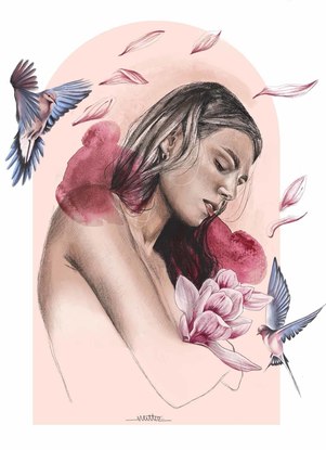 (CreativeWork)  LIMITED WOMAN DIGITAL PRINT / Empowered woman / Nature Flowers Magnolias / Pink, Purple / Home Decor Print  Inspiration Design Ed. 1 of 20 by maria tellez asensi. Reproduction Print. Shop online at Bluethumb.