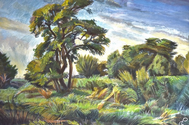 (CreativeWork) Tree in clearing in grassland. by paul griffin. Acrylic. Shop online at Bluethumb.