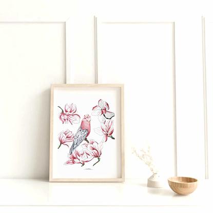 (CreativeWork) Cockatoo Bird Watercolour Artwork piece / Magnolias flowers and cockatoo/ Print Download/ Home decor Creative Illustrations Design Ed. 1 of 20 by maria tellez asensi. Reproduction Print. Shop online at Bluethumb.