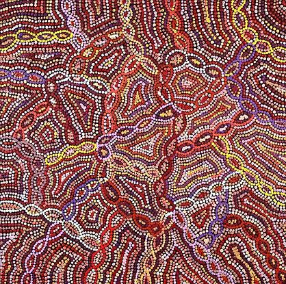 (CreativeWork) Jeresha Nungarrayi Morris - Lukarrara Jukurrpa (Desert Fringe-rush Seed Dreaming)  by Catherine Jaktman - Curator. Acrylic. Shop online at Bluethumb.