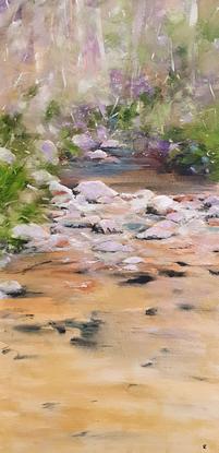 Oil painting, landscape with small creek in Australian bush by Victoria Collins