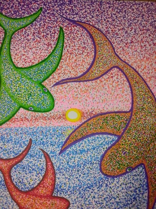 (CreativeWork)  The Sky Whale's Sunset by stephen harris. Acrylic. Shop online at Bluethumb.