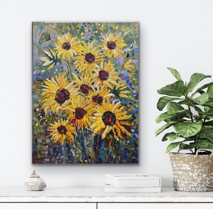 A bright cheery burst of yellow sunflowers that slip over the canvas in vibrant yellow buds. The flowers are loose in the garden so fresh and reminiscent of spring. A happy piece bursting with energy and pure sunshine. 