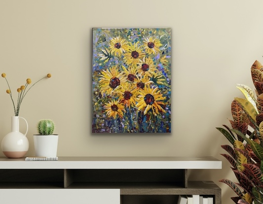 A bright cheery burst of yellow sunflowers that slip over the canvas in vibrant yellow buds. The flowers are loose in the garden so fresh and reminiscent of spring. A happy piece bursting with energy and pure sunshine. 