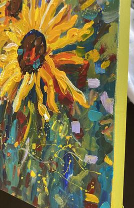 A bright cheery burst of yellow sunflowers that slip over the canvas in vibrant yellow buds. The flowers are loose in the garden so fresh and reminiscent of spring. A happy piece bursting with energy and pure sunshine. 