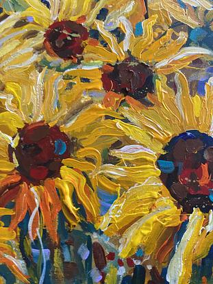 A bright cheery burst of yellow sunflowers that slip over the canvas in vibrant yellow buds. The flowers are loose in the garden so fresh and reminiscent of spring. A happy piece bursting with energy and pure sunshine. 