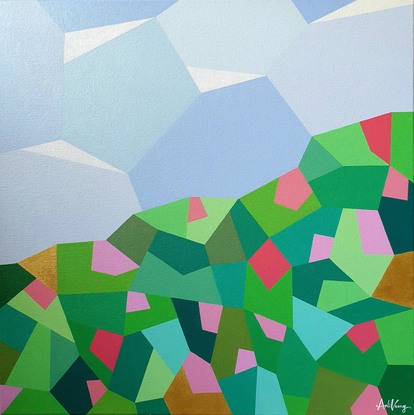 Watermelon coloured landscape painting, pinks and greens fragmented by clean cut hardedge lines. 