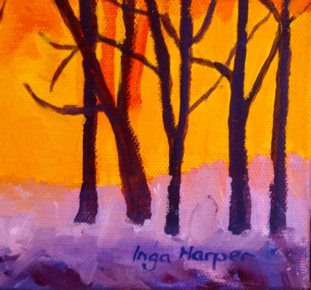 A bright, semi-abstract painting of a forest fire with yellow and orange background with contrasting dark tree branches