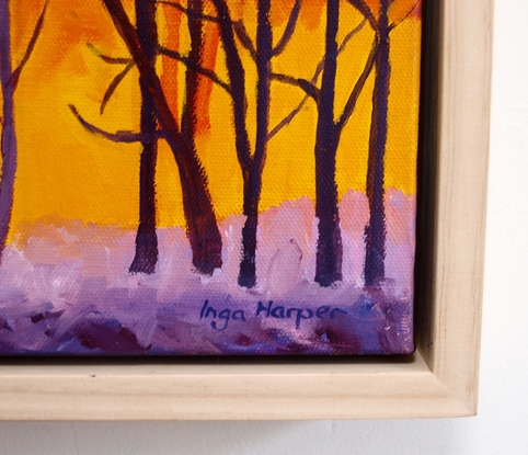 A bright, semi-abstract painting of a forest fire with yellow and orange background with contrasting dark tree branches