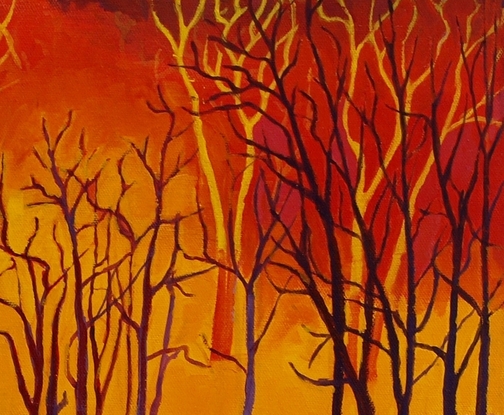 A bright, semi-abstract painting of a forest fire with yellow and orange background with contrasting dark tree branches