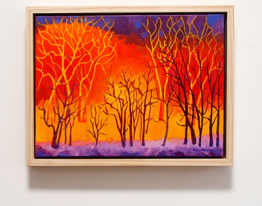 A bright, semi-abstract painting of a forest fire with yellow and orange background with contrasting dark tree branches