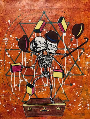 (CreativeWork) The gentlemen jugglers by The Space Cowboy (Chayne Hultgren). Acrylic. Shop online at Bluethumb.