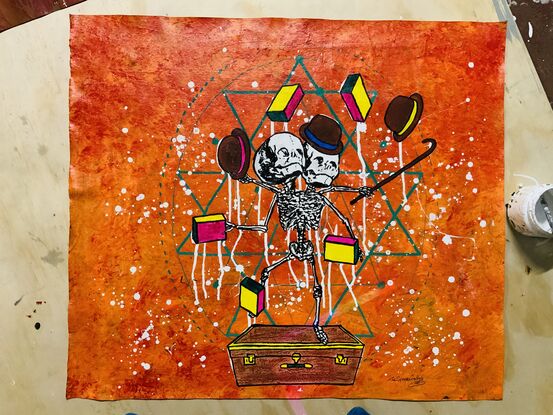 (CreativeWork) The gentlemen jugglers by The Space Cowboy (Chayne Hultgren). Acrylic. Shop online at Bluethumb.