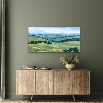 (CreativeWork) Countryside Along the Hume by Eve Sellars. Acrylic. Shop online at Bluethumb.