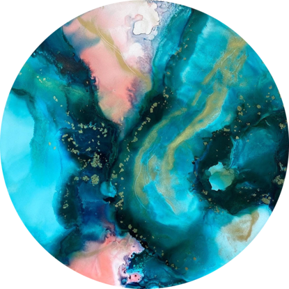 a round abstract ink artwork with deep greens, teals, blues, peach and gold. the colours flow and blend with metallic gold. the edges of the artwork are gold.