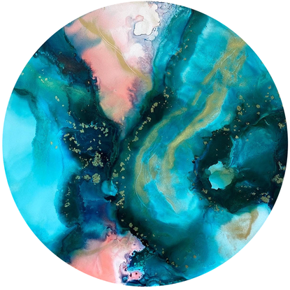 a round abstract ink artwork with deep greens, teals, blues, peach and gold. the colours flow and blend with metallic gold. the edges of the artwork are gold.