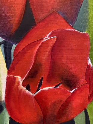 (CreativeWork) Red Tulips by Liz Lane. Oil. Shop online at Bluethumb.