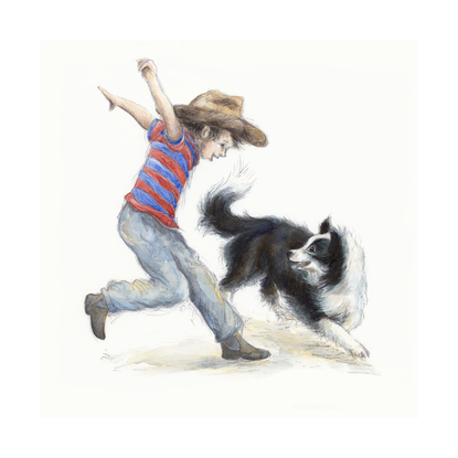 A boy running with his border collie.