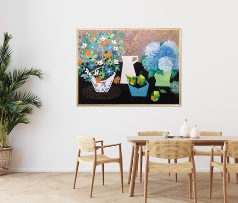  A little cubism and a blue, green colour pallet add to the depth and interest.  Although the overall look of the painting is smooth there is a variety of textures in the built up layers of paint. The painting is light and bright suitable for any living space.
