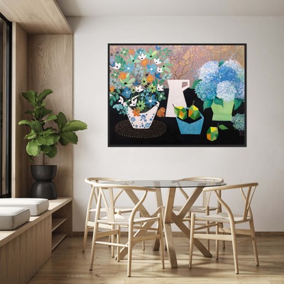  A little cubism and a blue, green colour pallet add to the depth and interest.  Although the overall look of the painting is smooth there is a variety of textures in the built up layers of paint. The painting is light and bright suitable for any living space.
