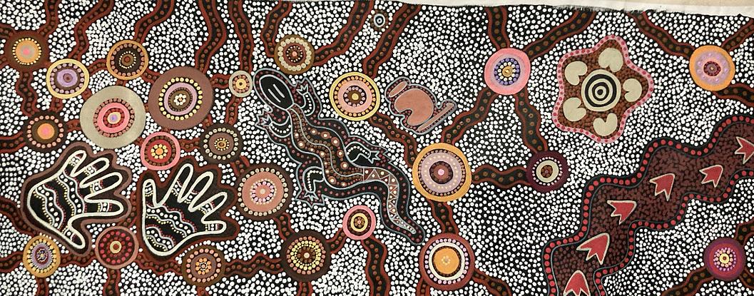 (CreativeWork) Aboriginal dot painting ‘goanna dreaming’ by gidabul doobay. Acrylic. Shop online at Bluethumb.