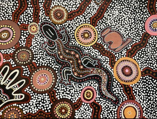 (CreativeWork) Aboriginal dot painting ‘goanna dreaming’ by gidabul doobay. Acrylic. Shop online at Bluethumb.