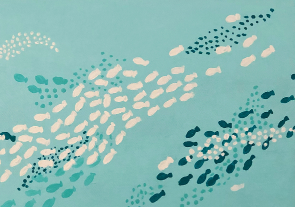 The Gathering is a painting of various schools of fish formations.