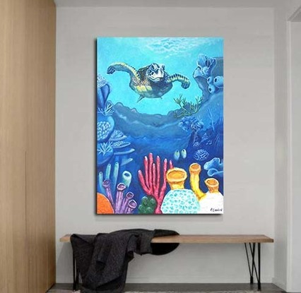 (CreativeWork) Sea Turtle Underwater by Rebecca Crawford. Acrylic. Shop online at Bluethumb.