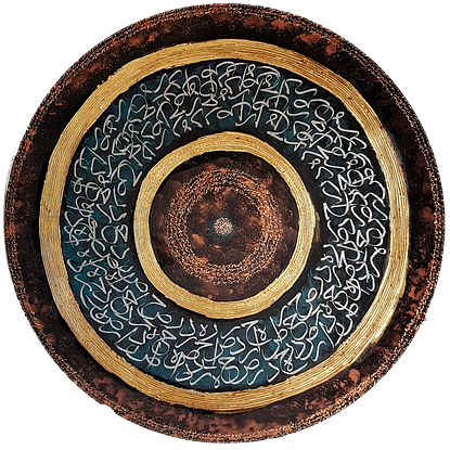 This is a round painting with a black background. In the center are copper colour dots.  Surrounding  these copper raised dots is writing in metallic  copper. This is surrounded by a concentric circle in gold leaf with raised lines. This is surrounded by writing in silver with arabic letters. This is then again surrounded by a concentric circle in gold  then has copper leaf writing on the edges.