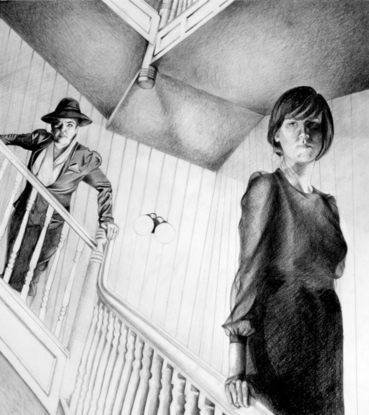 Noir.  2 women on staircase