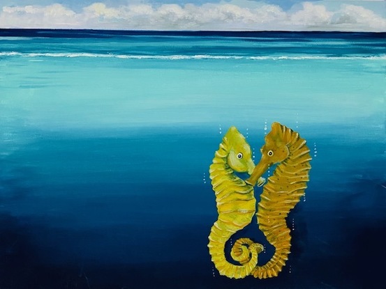 (CreativeWork) Sea Horses Embraced by Rebecca Crawford. Acrylic. Shop online at Bluethumb.