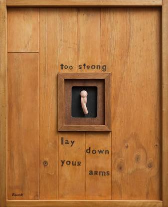 Wood and mixed media commentary on masculinity and war