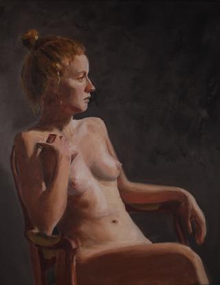 Painting of a naked seated young woman in profile