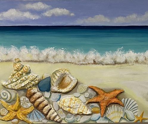 (CreativeWork) Sea Shells on a Beach by Rebecca Crawford. Acrylic. Shop online at Bluethumb.