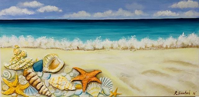 (CreativeWork) Sea Shells on a Beach by Rebecca Crawford. Acrylic. Shop online at Bluethumb.