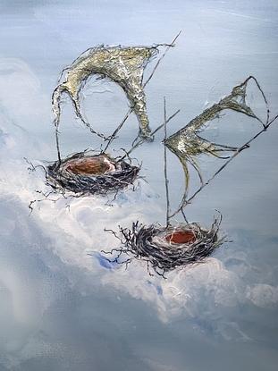 Three birds nest clouds with netting sails, floating across a waterhole.